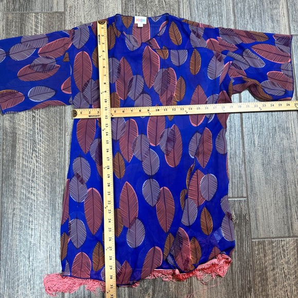 LuLaRoe Kimono Cover-Up Leaf Print Blue Pink Orange Fringe‎ Trim S - Picture 5 of 8